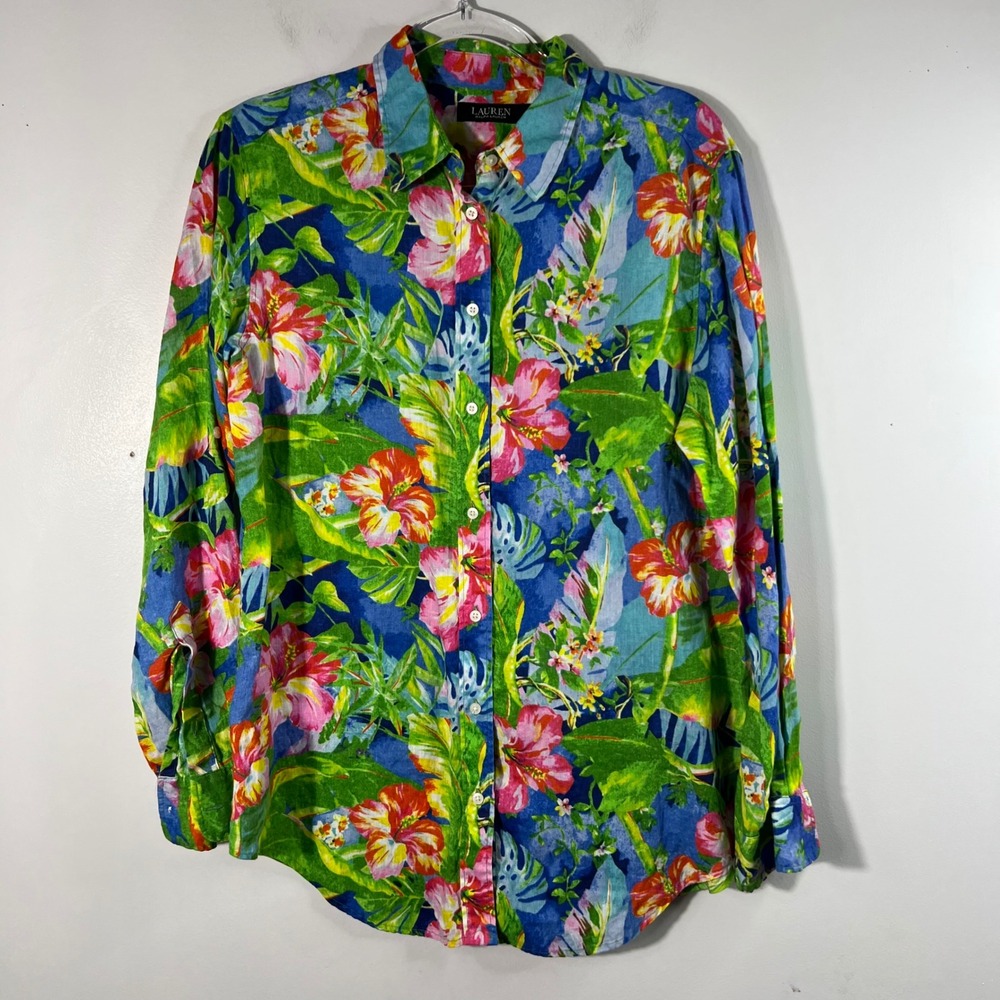 Womens Lauren Ralph Lauren Black Label Floral Linen Button Shirt L Hibiscus